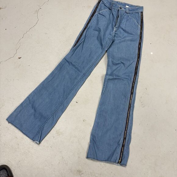 VTG 1970s Hang Ten Womens Size 29 Sanforized Denim Bell Bottom Jeans Side Zip - Picture 1 of 6